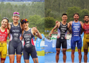 Marina Muñoz y Kevin Viñuela en el podio del Campeonato del Mundo de Triatlón Cros