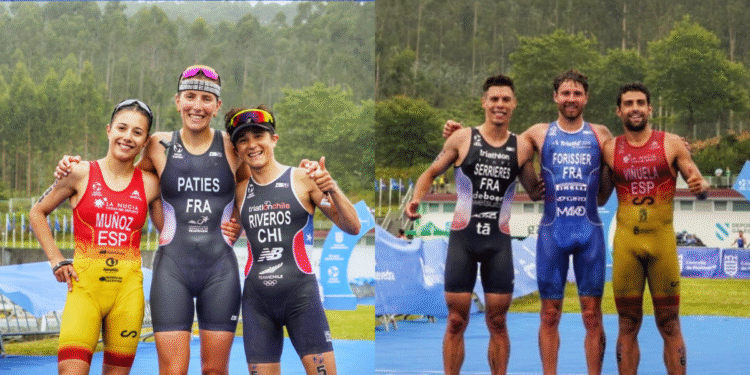 Marina Muñoz y Kevin Viñuela en el podio del Campeonato del Mundo de Triatlón Cros